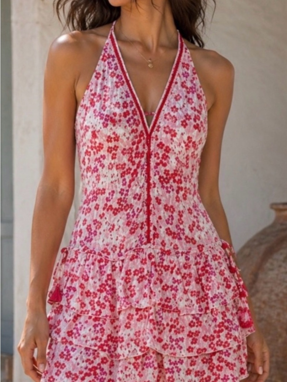 Poupette St. Barth Pink and White Floral Halter Mini Dress